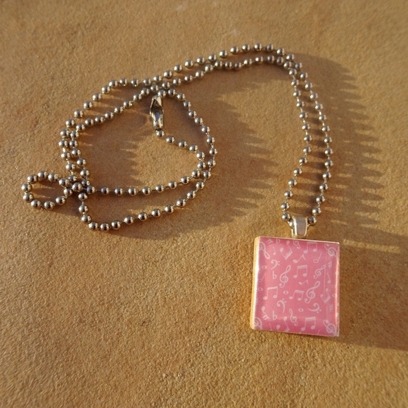 Pink Music Note Scrabble Tile Pendant Upcycled Repurposed Game Piece Necklace - Picture 1 of 8